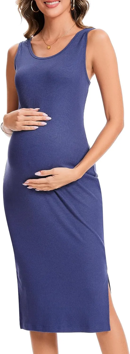 2 Pack Casual Maternity Skirt Summer Pregnancy Dress Sleeveless Side Split Midi for Pregnant Women