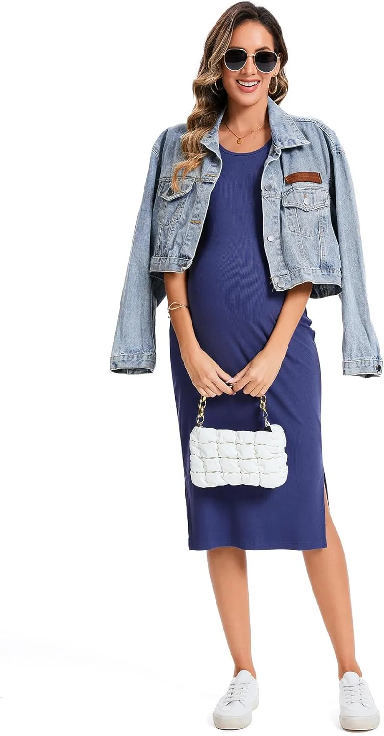 2 Pack Casual Maternity Skirt Summer Pregnancy Dress Sleeveless Side Split Midi for Pregnant Women