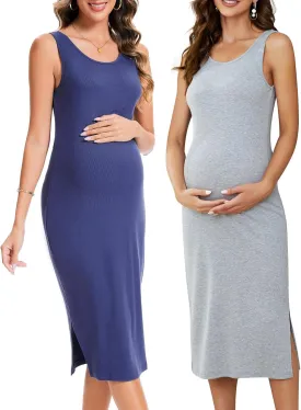 2 Pack Casual Maternity Skirt Summer Pregnancy Dress Sleeveless Side Split Midi for Pregnant Women