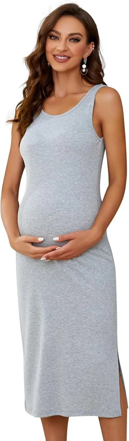 2 Pack Casual Maternity Skirt Summer Pregnancy Dress Sleeveless Side Split Midi for Pregnant Women