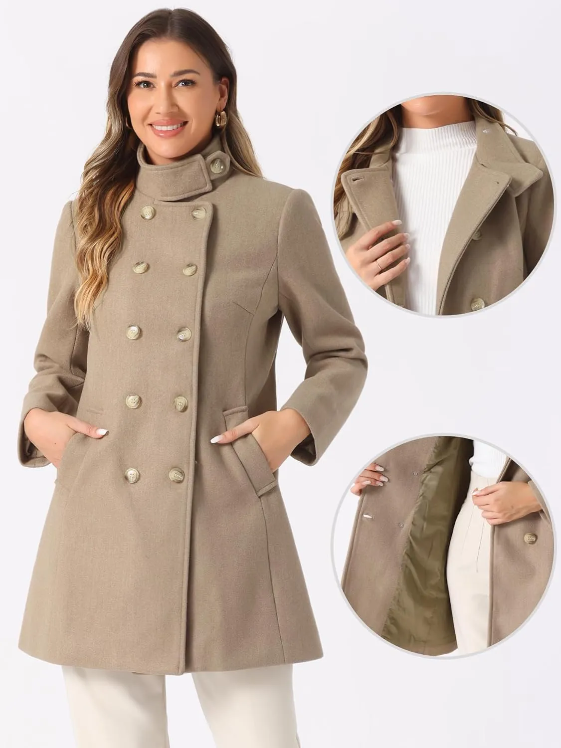 Allegra K Winter Trench Coats for Women's Casual Stand Collar Pea Double Breasted Overcoat