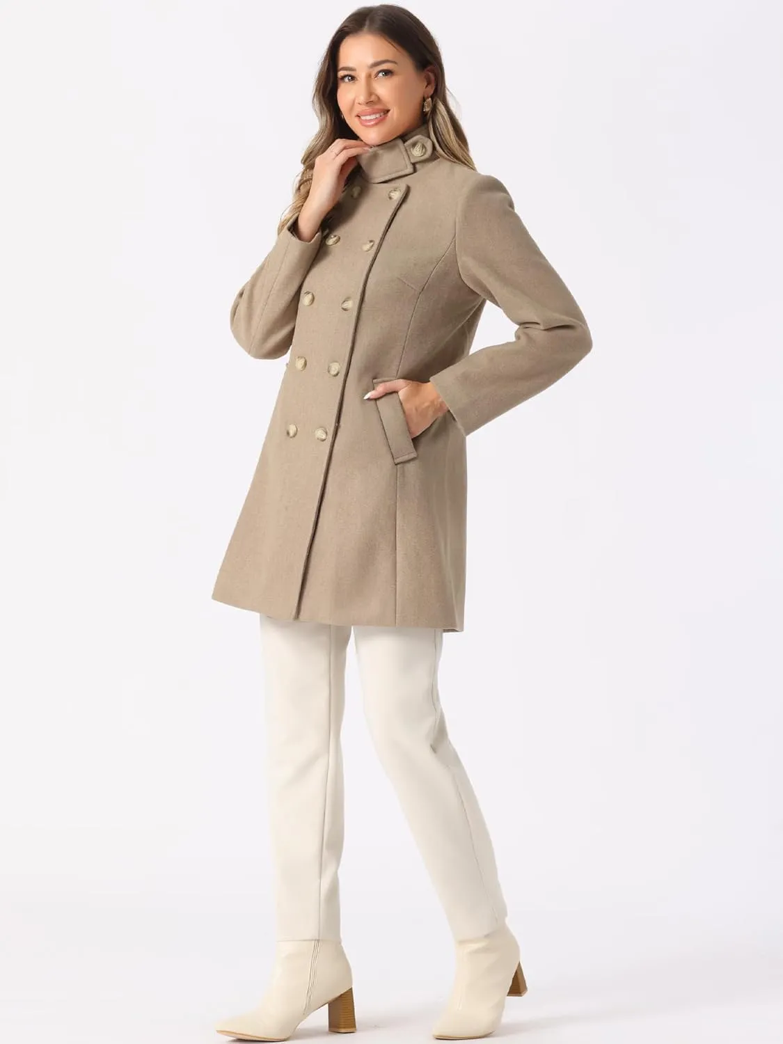 Allegra K Winter Trench Coats for Women's Casual Stand Collar Pea Double Breasted Overcoat