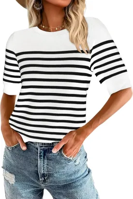 Amkoyam Women's 2025 Short Sleeve Crew Neck T Shirts Casual Striped Ribbed Knit Pullover Sweater Tops