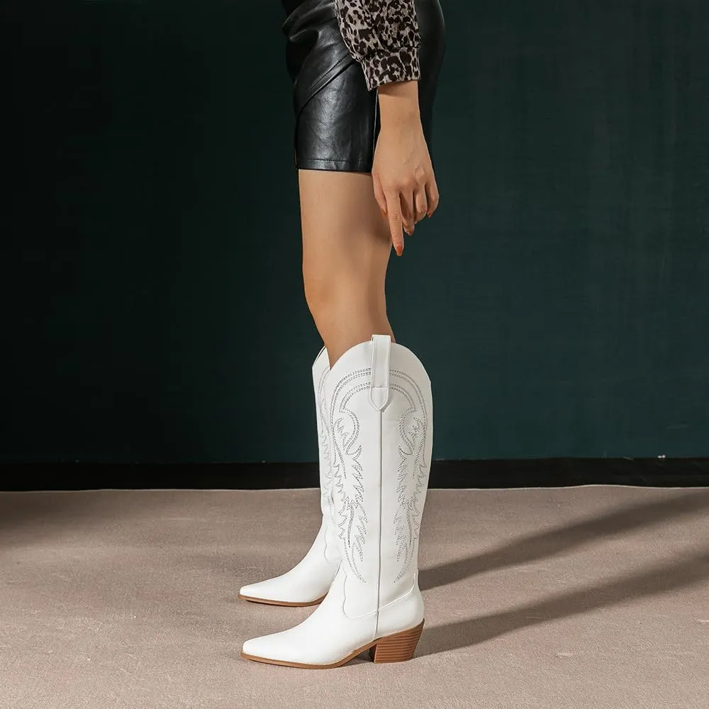 Amoji Women Western Cowboy Boots Pointed Toe Cowgirl Knee High Boots Pull On With Zipper 307