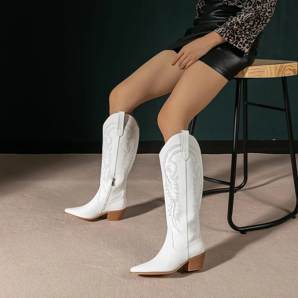 Amoji Women Western Cowboy Boots Pointed Toe Cowgirl Knee High Boots Pull On With Zipper 307