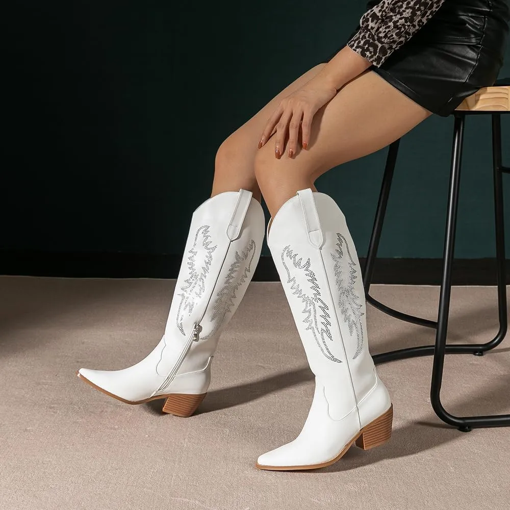 Amoji Women Western Cowboy Boots Pointed Toe Cowgirl Knee High Boots Pull On With Zipper 307