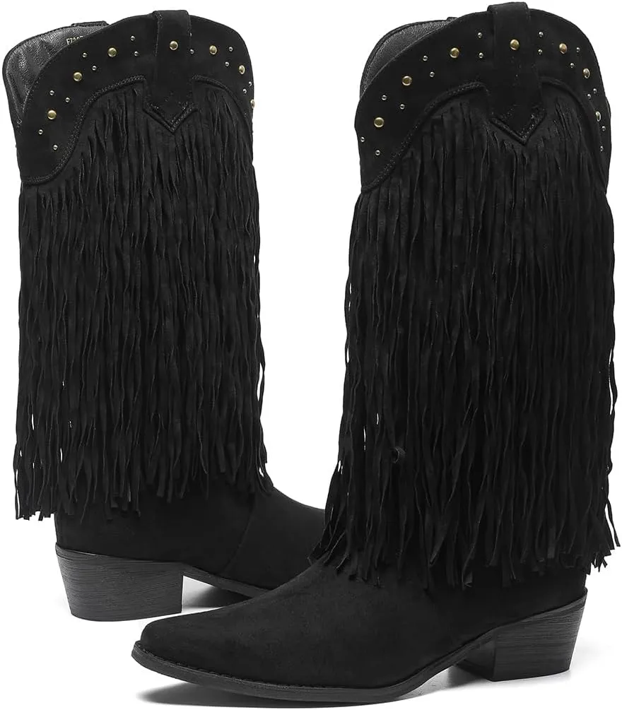 Amoji Women Western Cowboy Boots Pointed Toe Cowgirl Knee High Boots Pull On With Zipper 307