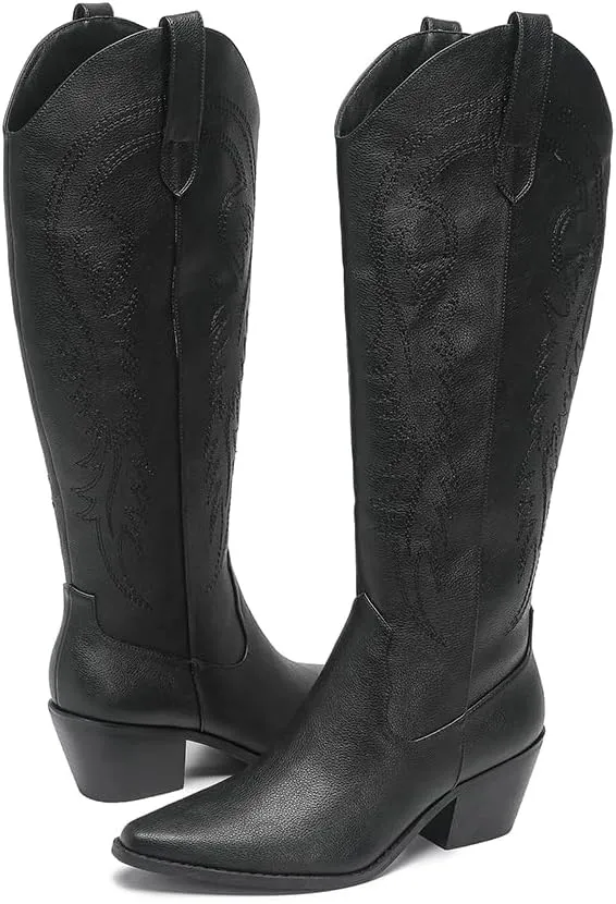 Amoji Women Western Cowboy Boots Pointed Toe Cowgirl Knee High Boots Pull On With Zipper 307
