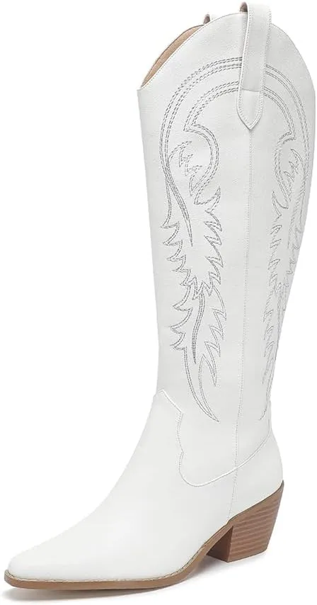 Amoji Women Western Cowboy Boots Pointed Toe Cowgirl Knee High Boots Pull On With Zipper 307