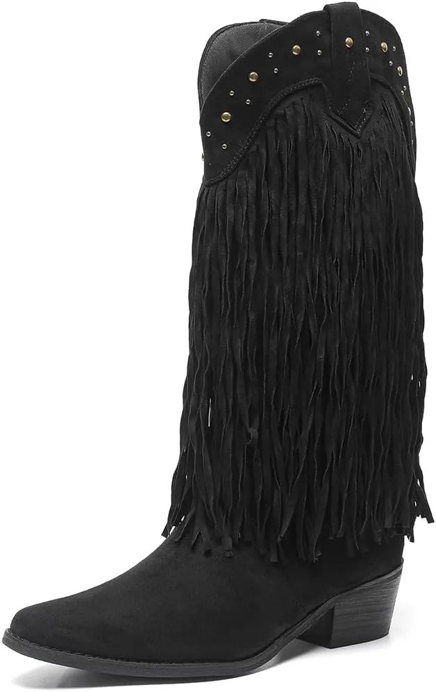 Amoji Women Western Cowboy Boots Pointed Toe Cowgirl Knee High Boots Pull On With Zipper 307