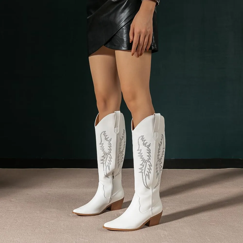 Amoji Women Western Cowboy Boots Pointed Toe Cowgirl Knee High Boots Pull On With Zipper 307