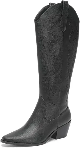 Amoji Women Western Cowboy Boots Pointed Toe Cowgirl Knee High Boots Pull On With Zipper 307