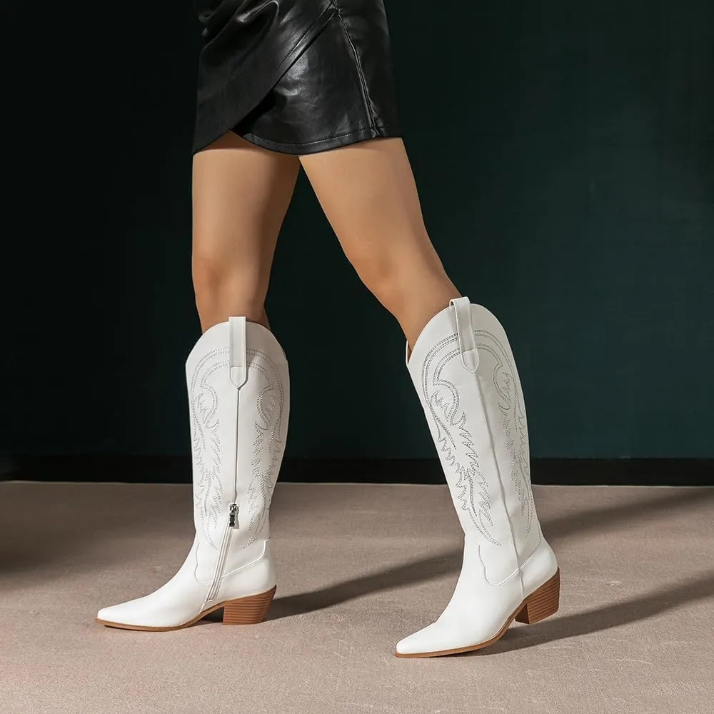 Amoji Women Western Cowboy Boots Pointed Toe Cowgirl Knee High Boots Pull On With Zipper 307