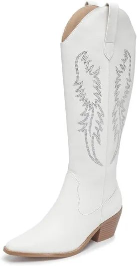 Amoji Women Western Cowboy Boots Pointed Toe Cowgirl Knee High Boots Pull On With Zipper 307