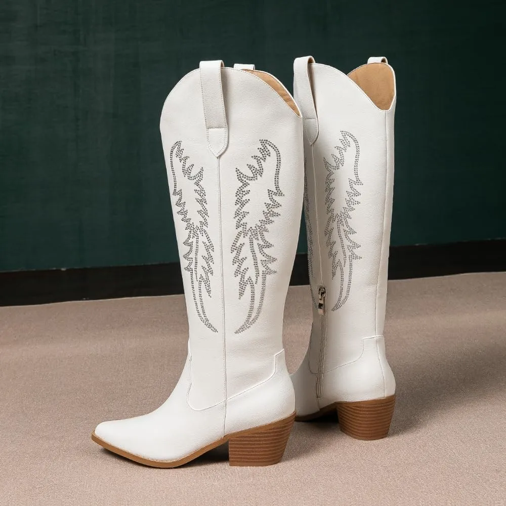 Amoji Women Western Cowboy Boots Pointed Toe Cowgirl Knee High Boots Pull On With Zipper 307