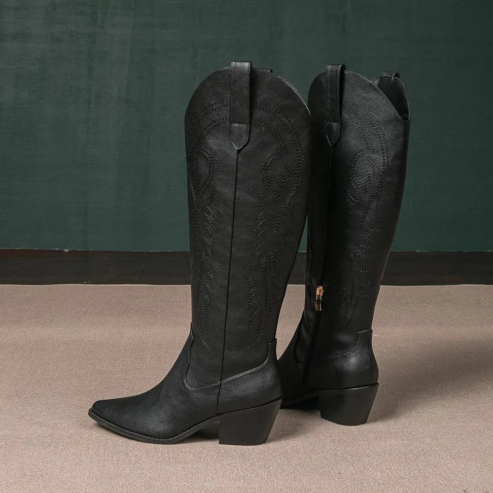 Amoji Women Western Cowboy Boots Pointed Toe Cowgirl Knee High Boots Pull On With Zipper 307