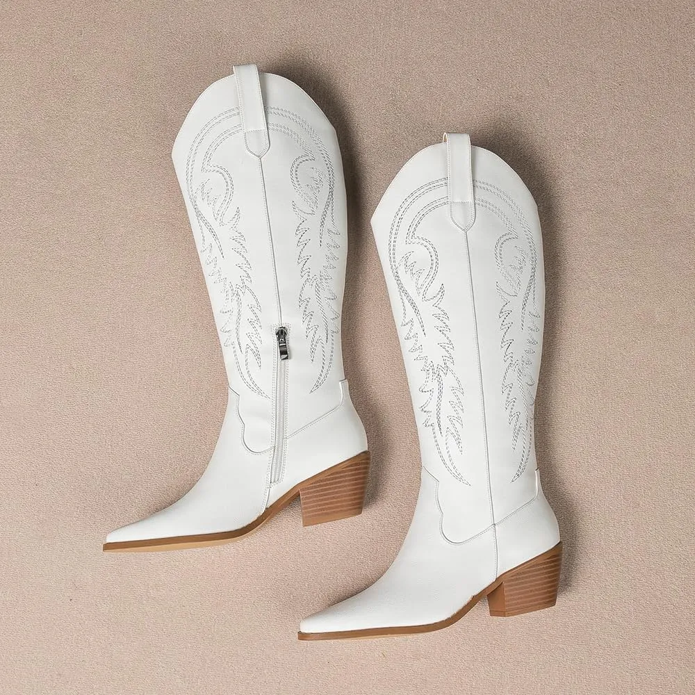 Amoji Women Western Cowboy Boots Pointed Toe Cowgirl Knee High Boots Pull On With Zipper 307