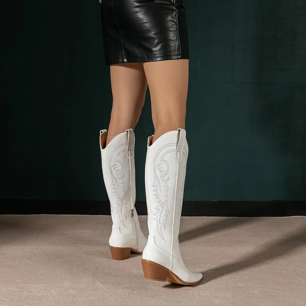 Amoji Women Western Cowboy Boots Pointed Toe Cowgirl Knee High Boots Pull On With Zipper 307