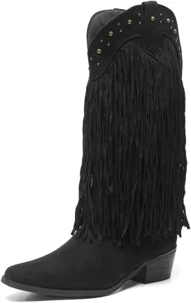 Amoji Women Western Cowboy Boots Pointed Toe Cowgirl Knee High Boots Pull On With Zipper 307