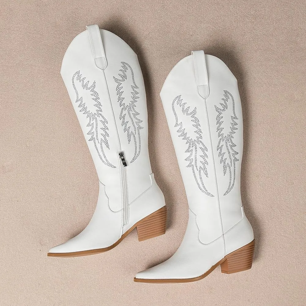 Amoji Women Western Cowboy Boots Pointed Toe Cowgirl Knee High Boots Pull On With Zipper 307