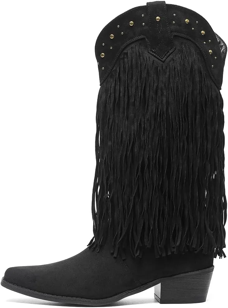 Amoji Women Western Cowboy Boots Pointed Toe Cowgirl Knee High Boots Pull On With Zipper 307