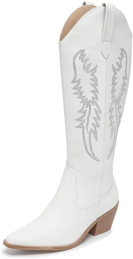 Amoji Women Western Cowboy Boots Pointed Toe Cowgirl Knee High Boots Pull On With Zipper 307