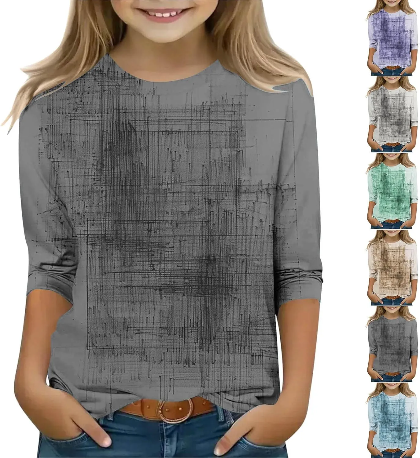 Boys Girls Cute Graffiti Loose 3/4 Sleeve T-Shirts Crewneck Casual Summer Graphic Printed Tee Tops for Kids 3-12 Years