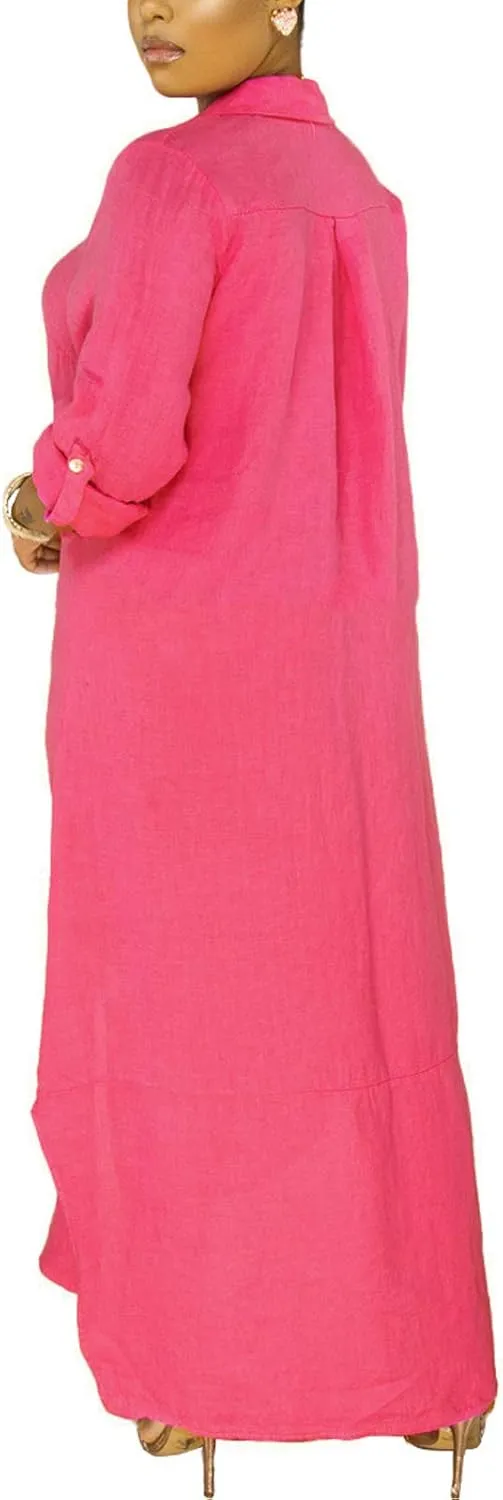 Chatinction Women Solid Color 3/4 Rolled-Up Sleeve Dress Sexy Buttons Down Side Slit Shirts Maxi Dresses