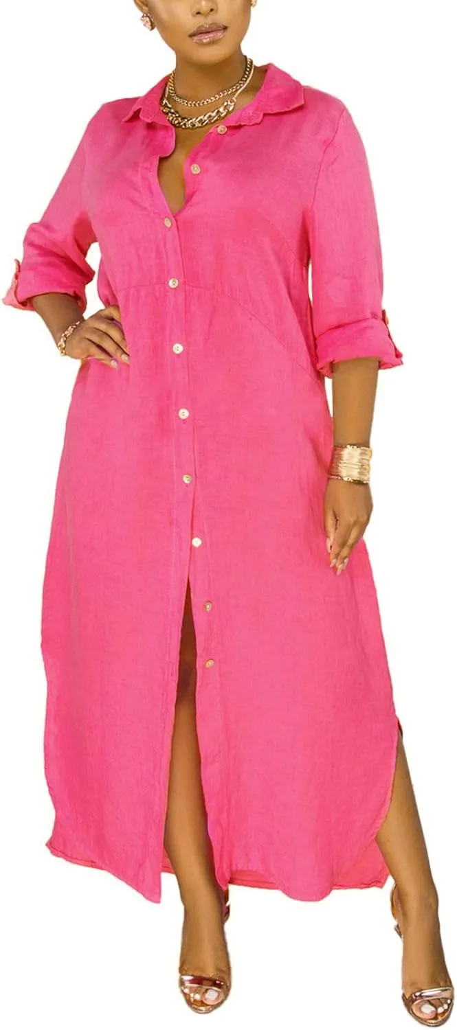 Chatinction Women Solid Color 3/4 Rolled-Up Sleeve Dress Sexy Buttons Down Side Slit Shirts Maxi Dresses