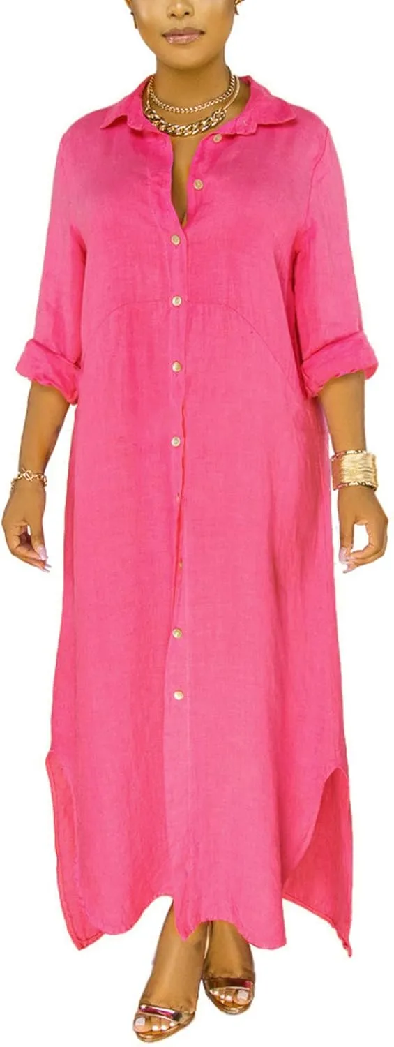 Chatinction Women Solid Color 3/4 Rolled-Up Sleeve Dress Sexy Buttons Down Side Slit Shirts Maxi Dresses