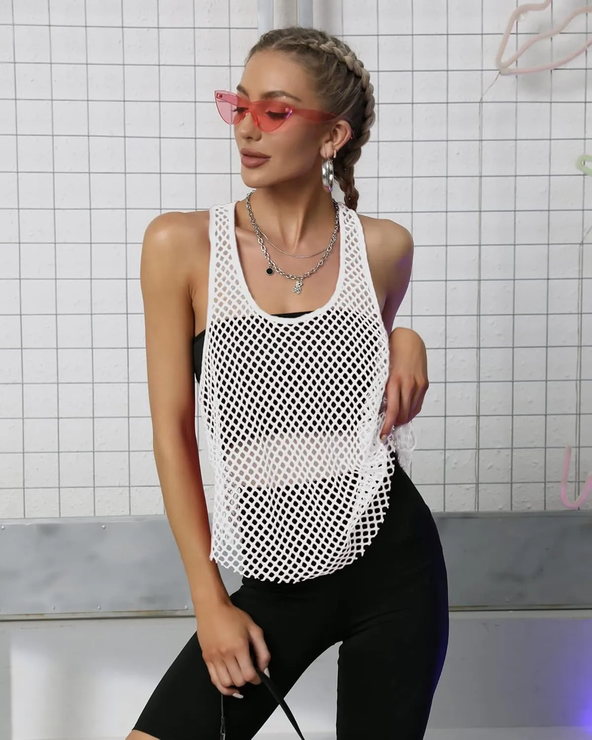 CLOZOZ Fishnet Tank Tops Mesh See Through Tops for Women Trendy Sheer Scoop Neck Sleeveless Going Out Tops