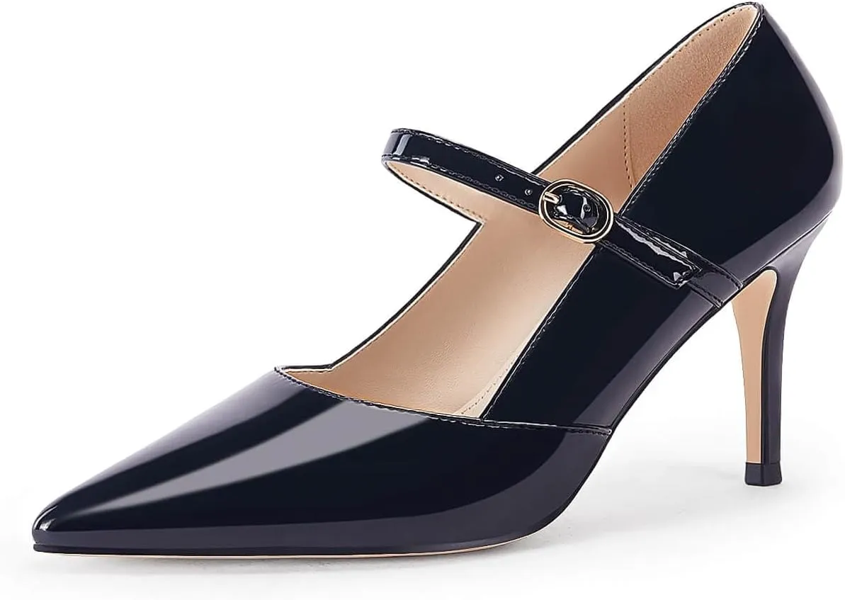 Coutgo Womens Mary Jane Pumps Stiletto High Heels Closed Pointed Toe Buckle Strap Patent Leather Dress Wedding Party Shoes