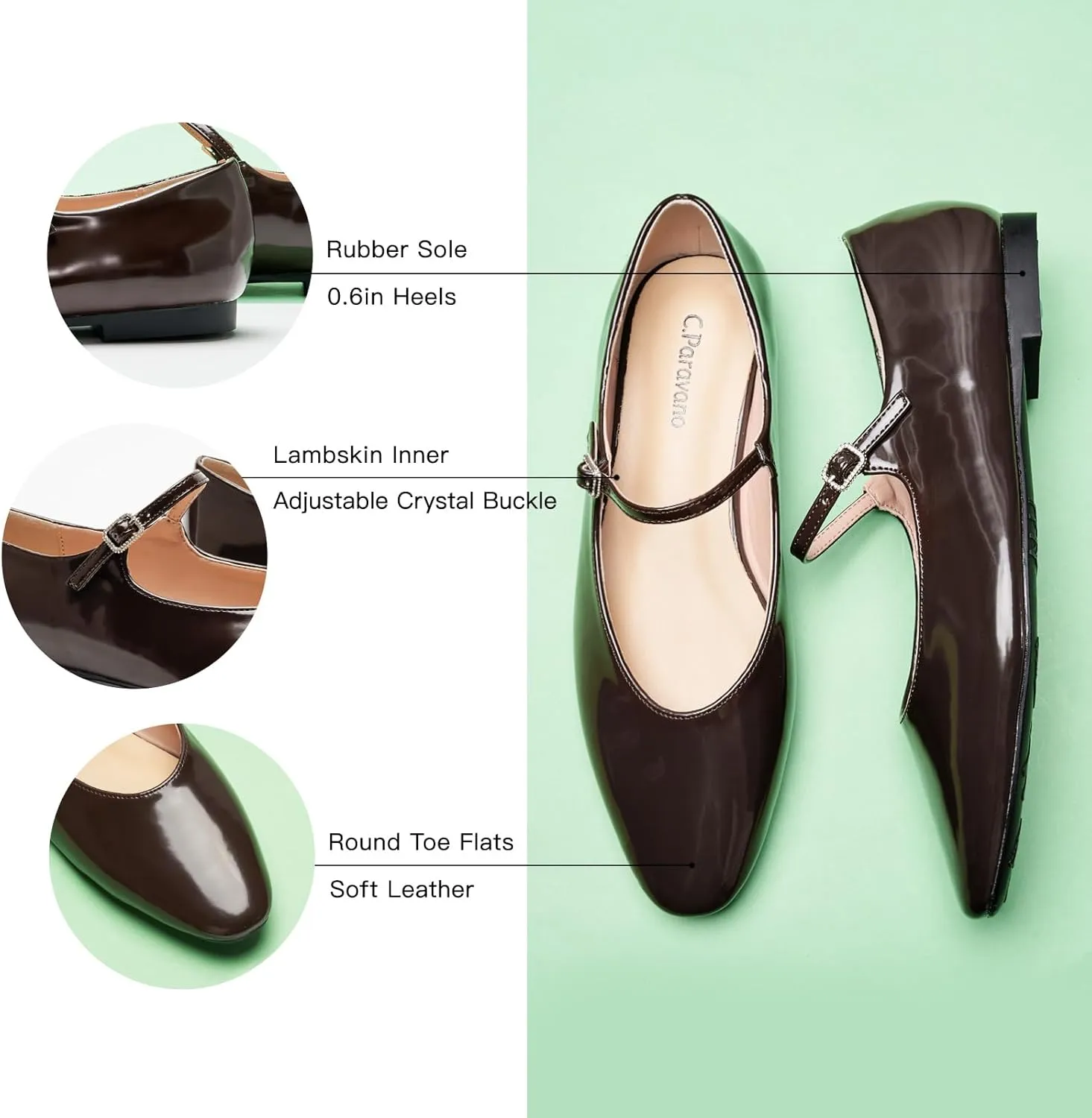 C.Paravano Women's Mary Jane Ballet Flats | Round Toe Leather Flats with Strap | Comfortable Work & Casual Shoes for Daily Wear