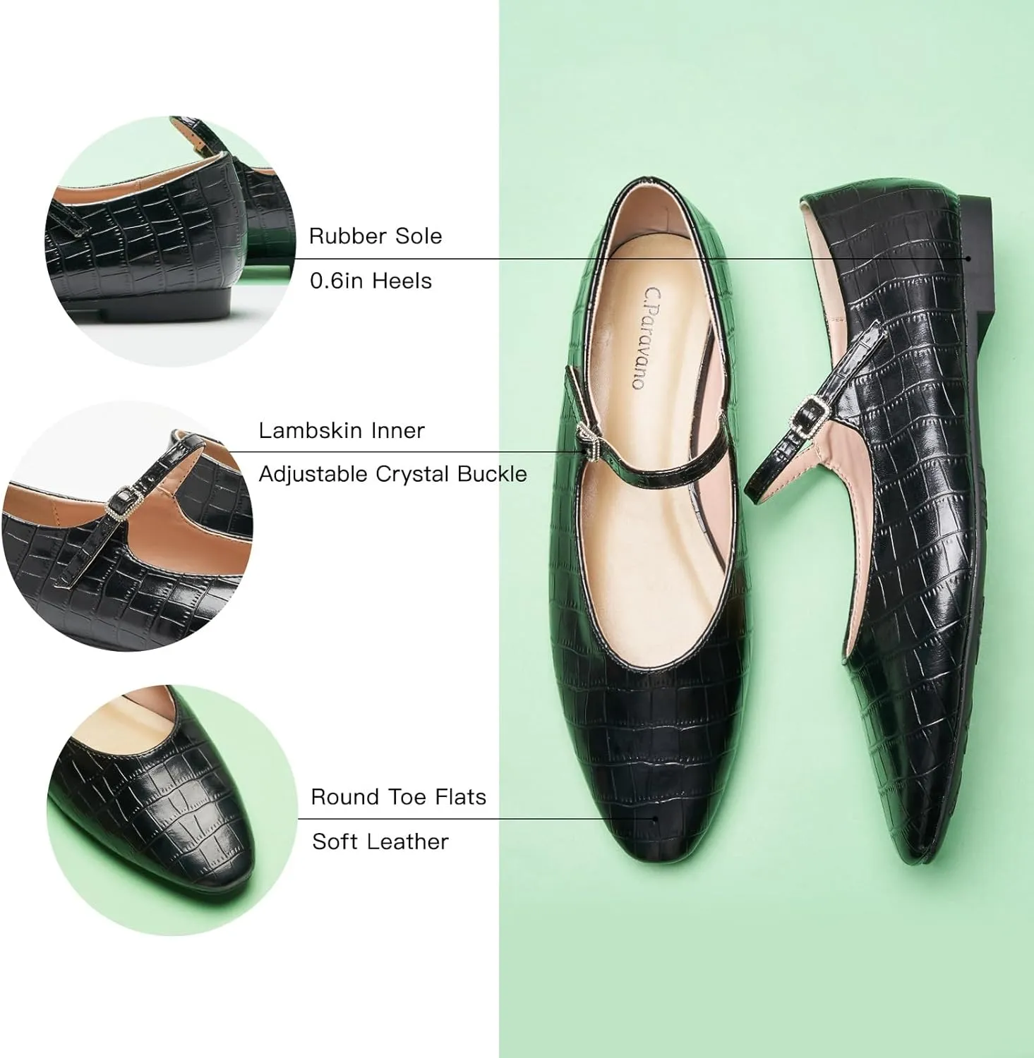 C.Paravano Women's Mary Jane Ballet Flats | Round Toe Leather Flats with Strap | Comfortable Work & Casual Shoes for Daily Wear