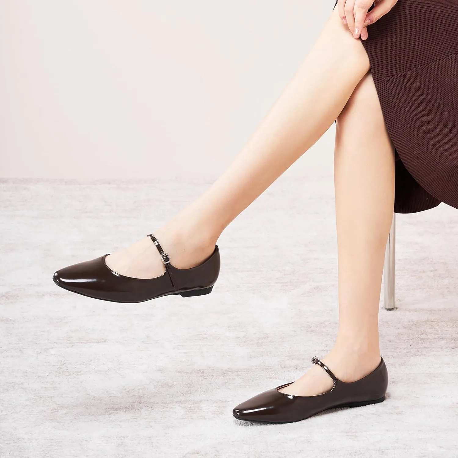 C.Paravano Women's Mary Jane Ballet Flats | Round Toe Leather Flats with Strap | Comfortable Work & Casual Shoes for Daily Wear