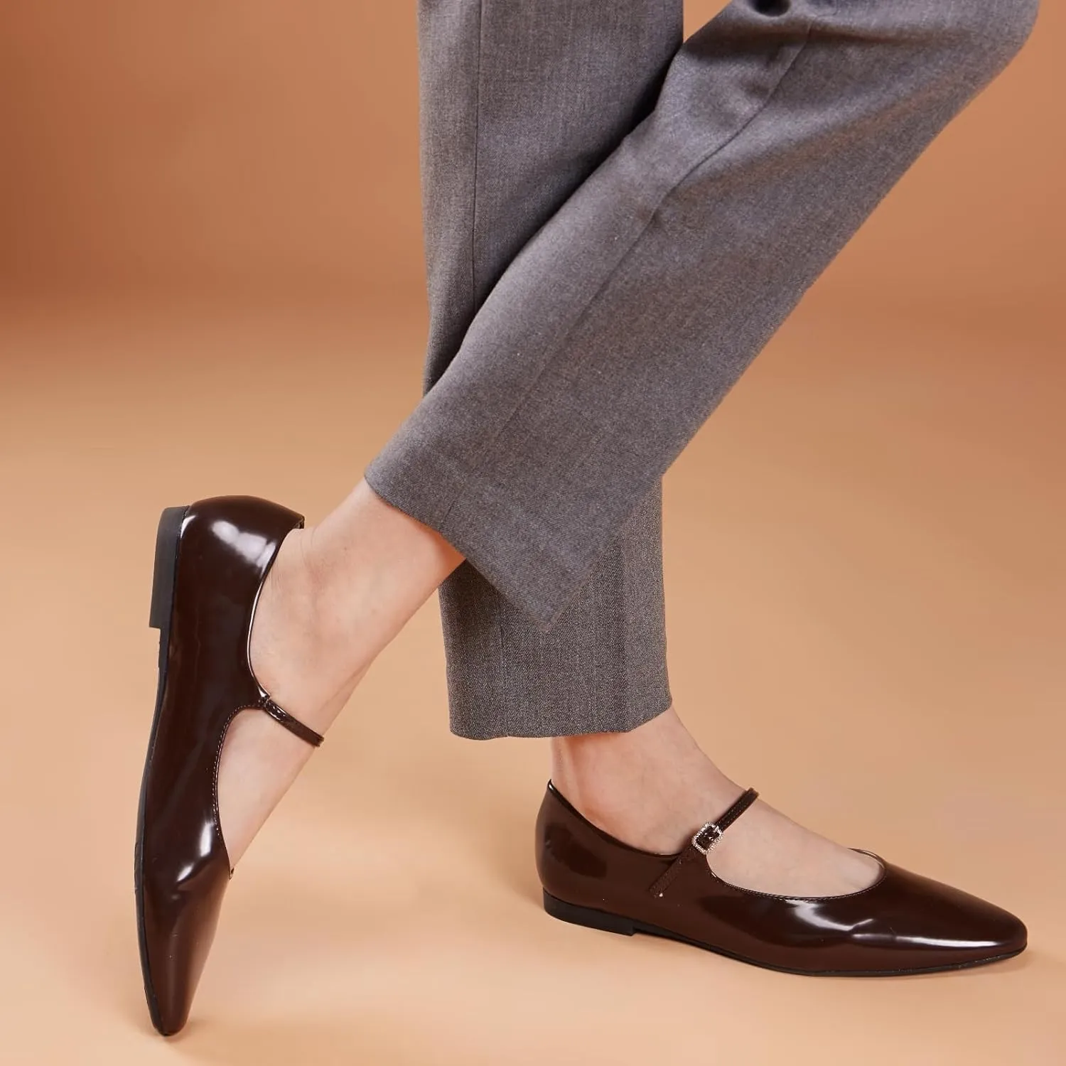 C.Paravano Women's Mary Jane Ballet Flats | Round Toe Leather Flats with Strap | Comfortable Work & Casual Shoes for Daily Wear