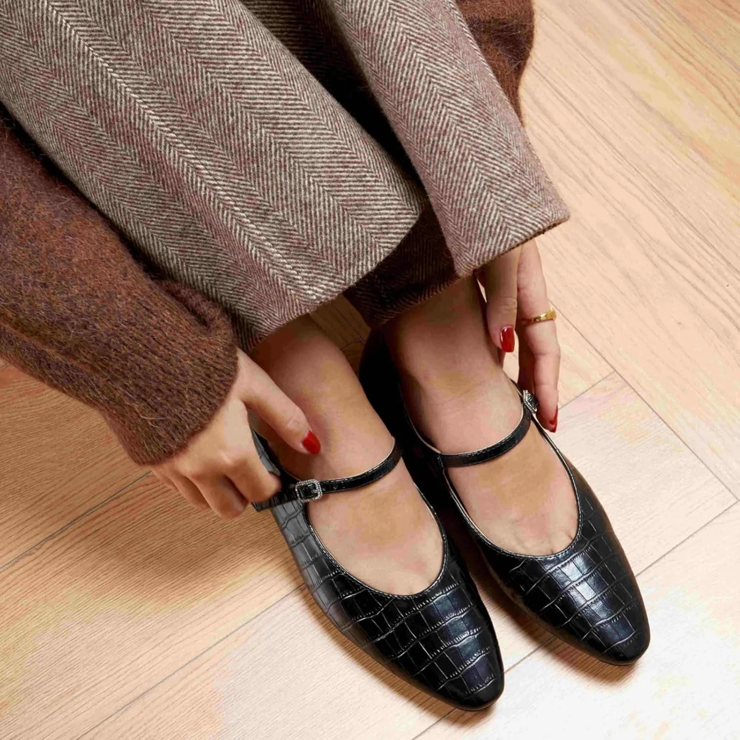 C.Paravano Women's Mary Jane Ballet Flats | Round Toe Leather Flats with Strap | Comfortable Work & Casual Shoes for Daily Wear