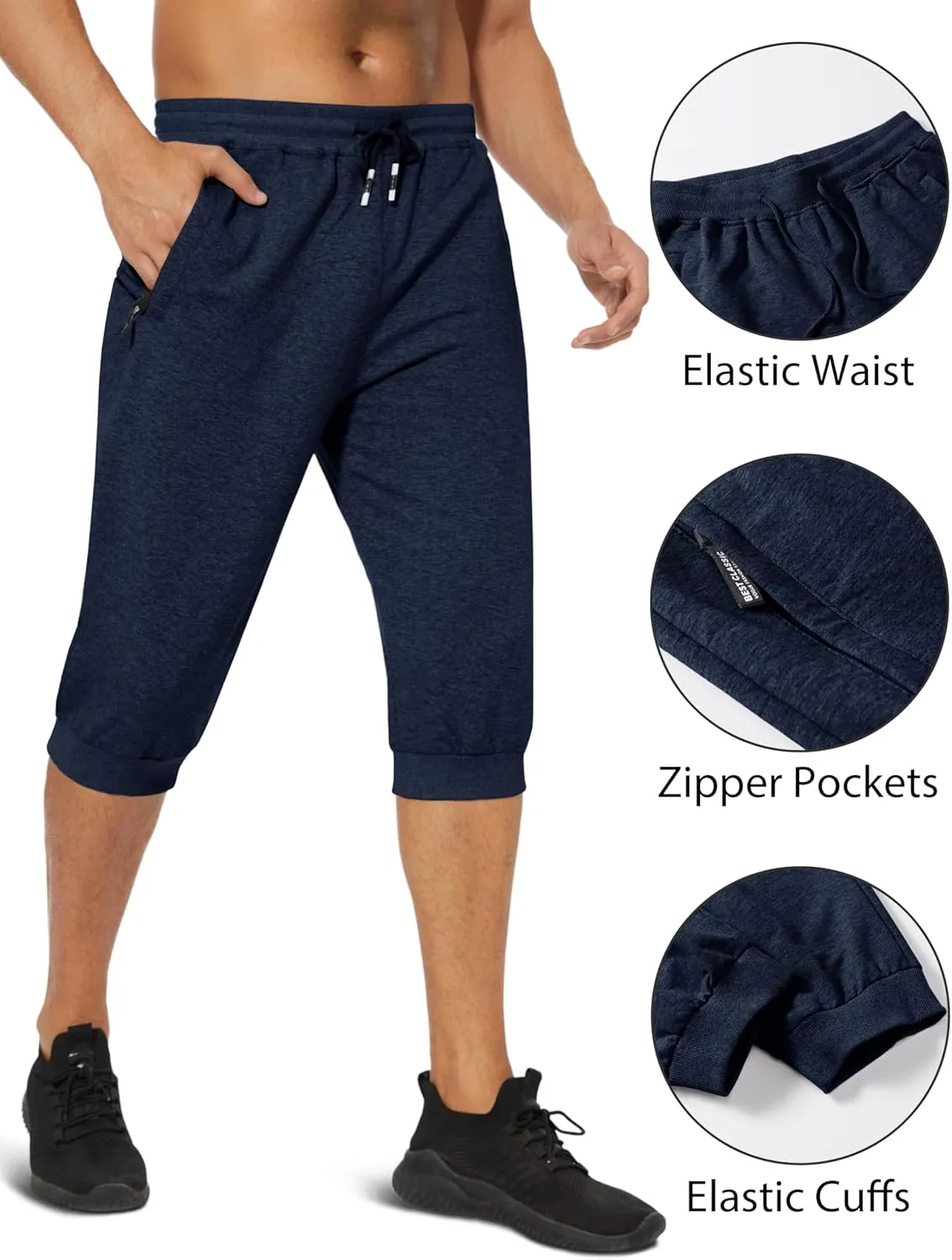 EKLENTSON Men's 3/4 Jogger Capri Pants Elastic Waist Below Knee Shorts Workout Gym Running Sweatpants with Zip Pockets