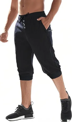 EKLENTSON Men's 3/4 Jogger Capri Pants Elastic Waist Below Knee Shorts Workout Gym Running Sweatpants with Zip Pockets