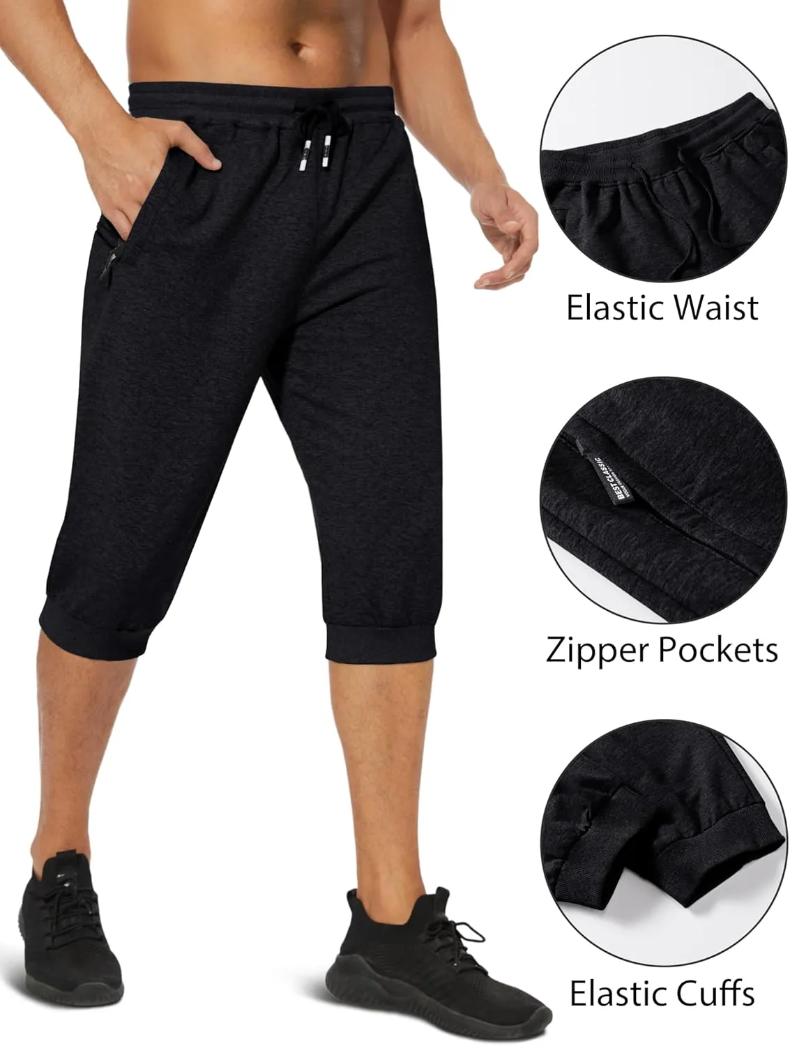 EKLENTSON Men's 3/4 Jogger Capri Pants Elastic Waist Below Knee Shorts Workout Gym Running Sweatpants with Zip Pockets