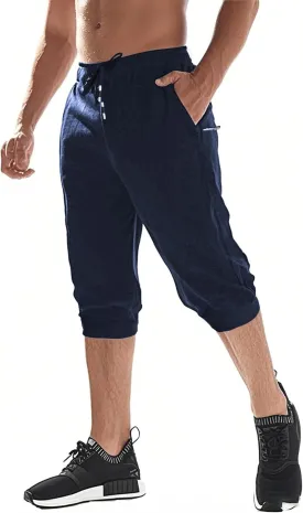 EKLENTSON Men's 3/4 Jogger Capri Pants Elastic Waist Below Knee Shorts Workout Gym Running Sweatpants with Zip Pockets