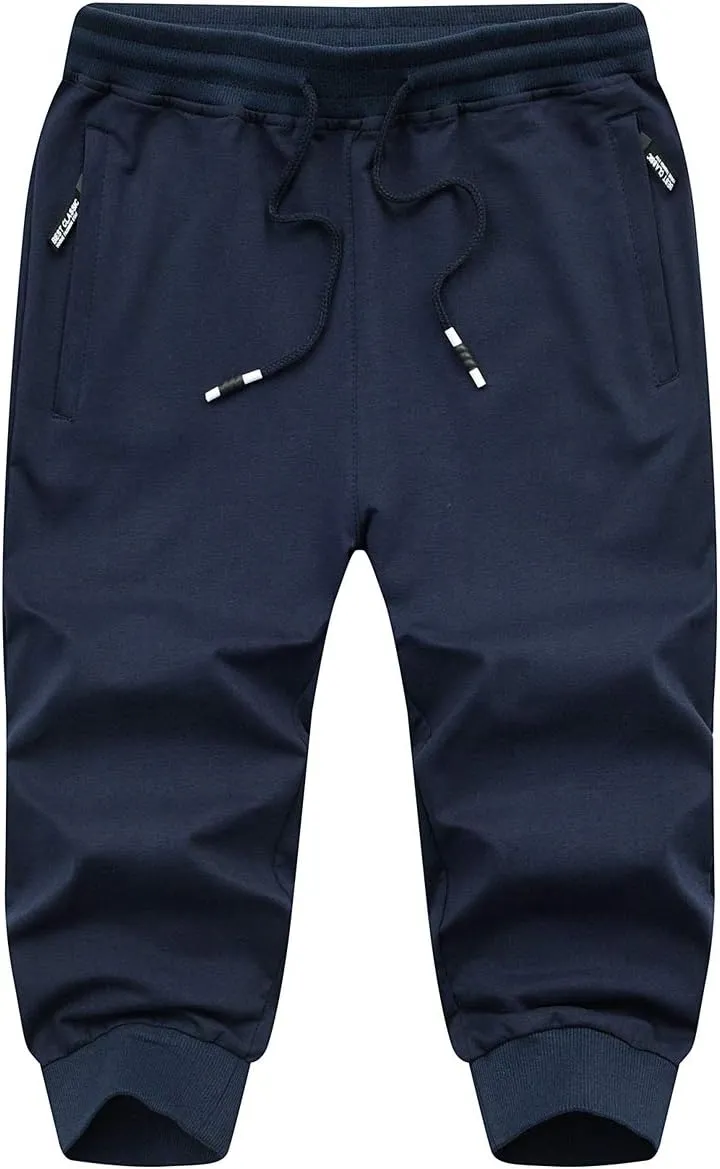 EKLENTSON Men's 3/4 Jogger Capri Pants Elastic Waist Below Knee Shorts Workout Gym Running Sweatpants with Zip Pockets