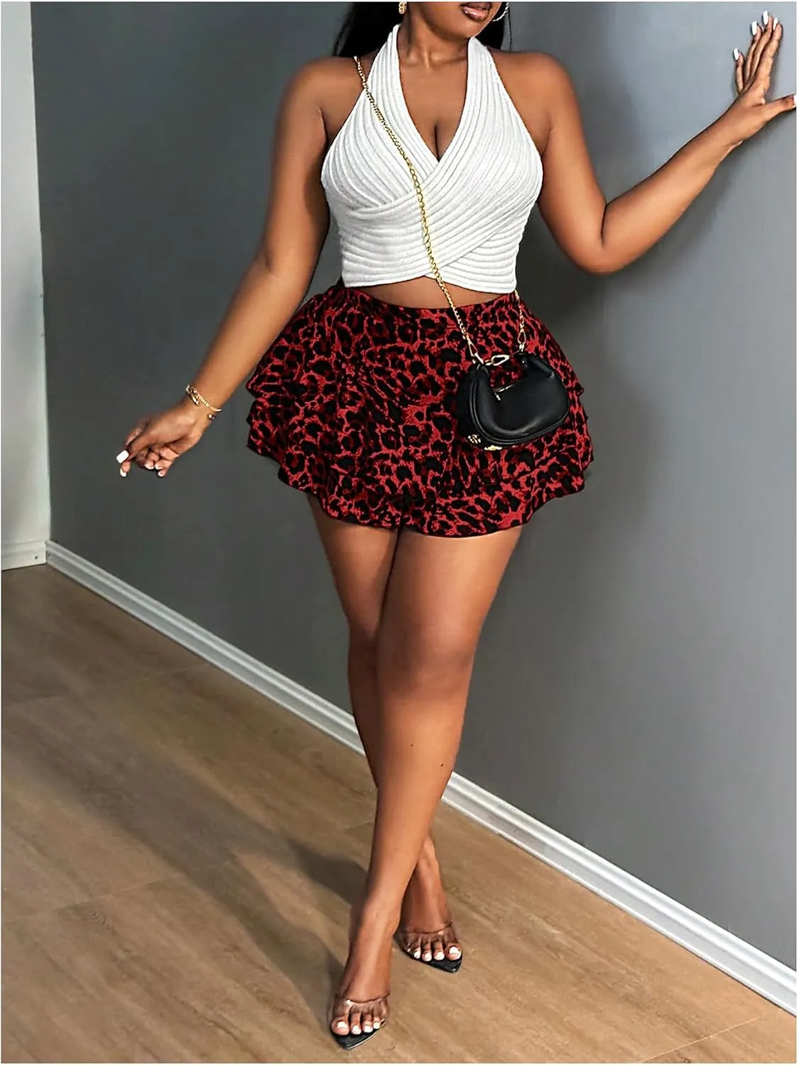 Floerns Women's Plus Size Cheetah Print Mini Shorts High Waisted Bubble Hem Skorts