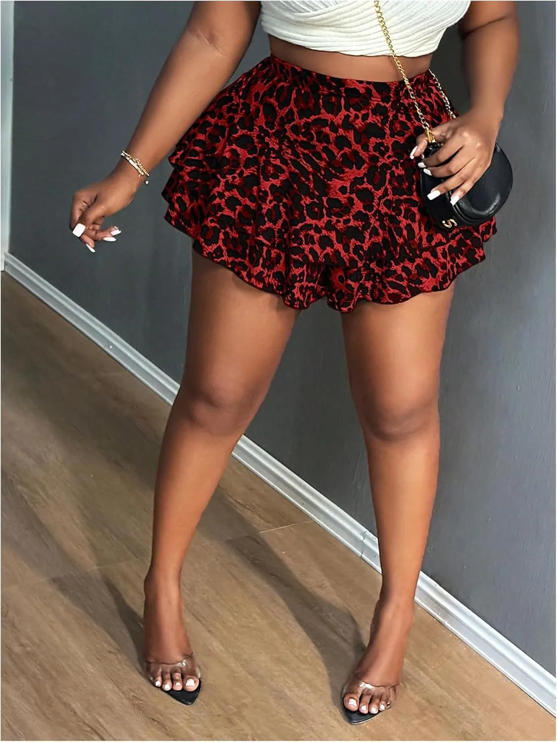 Floerns Women's Plus Size Cheetah Print Mini Shorts High Waisted Bubble Hem Skorts