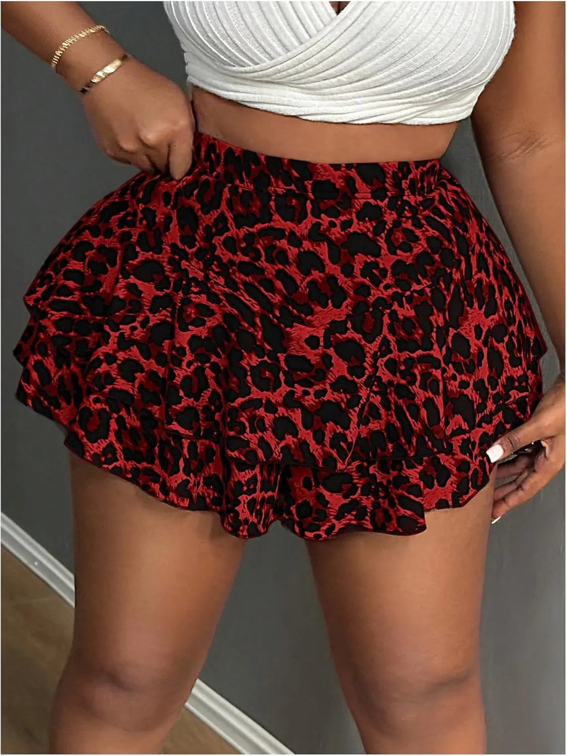 Floerns Women's Plus Size Cheetah Print Mini Shorts High Waisted Bubble Hem Skorts