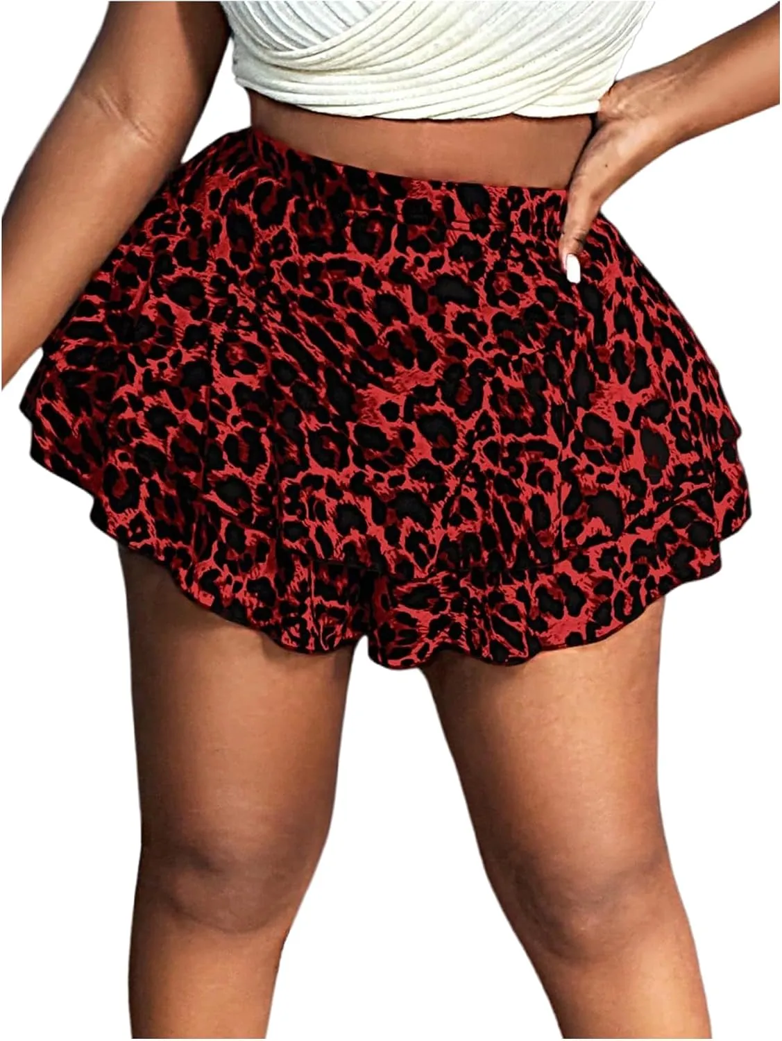 Floerns Women's Plus Size Cheetah Print Mini Shorts High Waisted Bubble Hem Skorts