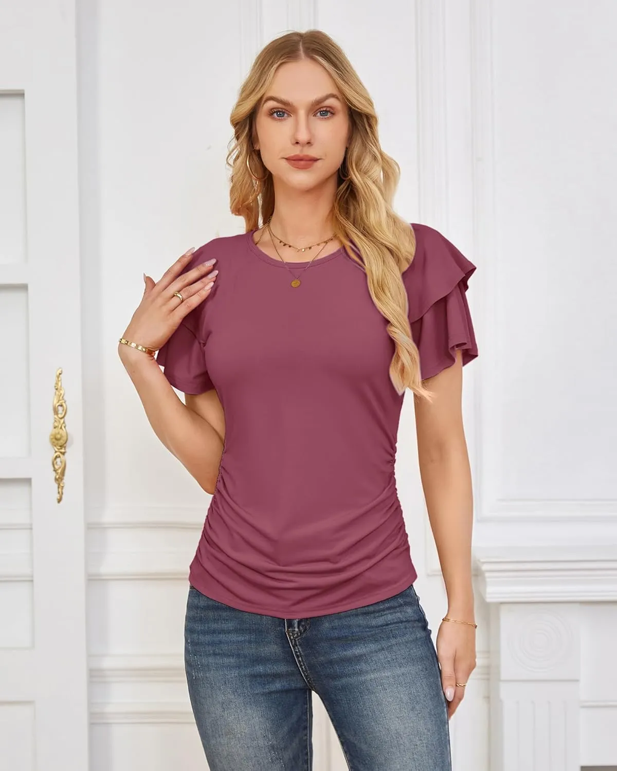 GRACE KARIN Women's Summer Tops Ruffle Sleeve Basic T Shirts Dressy Casual Ruched Work Blouses Trendy Clothes 2025