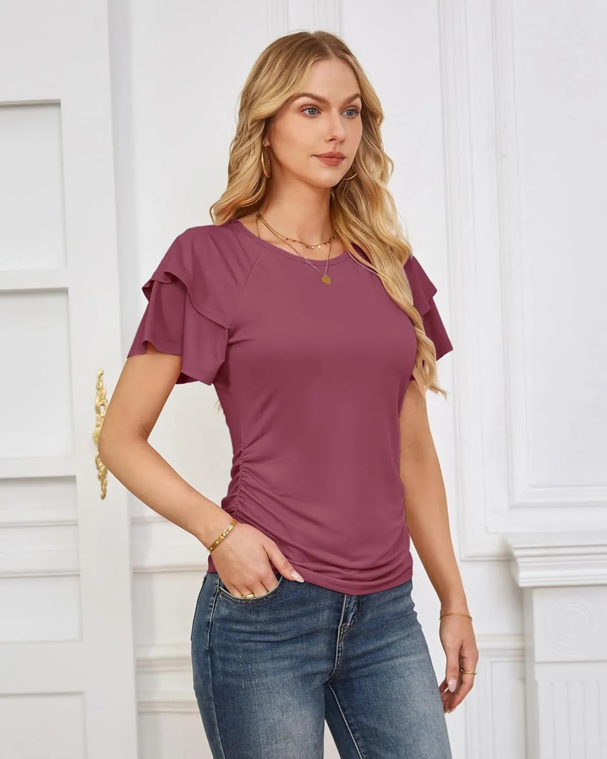 GRACE KARIN Women's Summer Tops Ruffle Sleeve Basic T Shirts Dressy Casual Ruched Work Blouses Trendy Clothes 2025