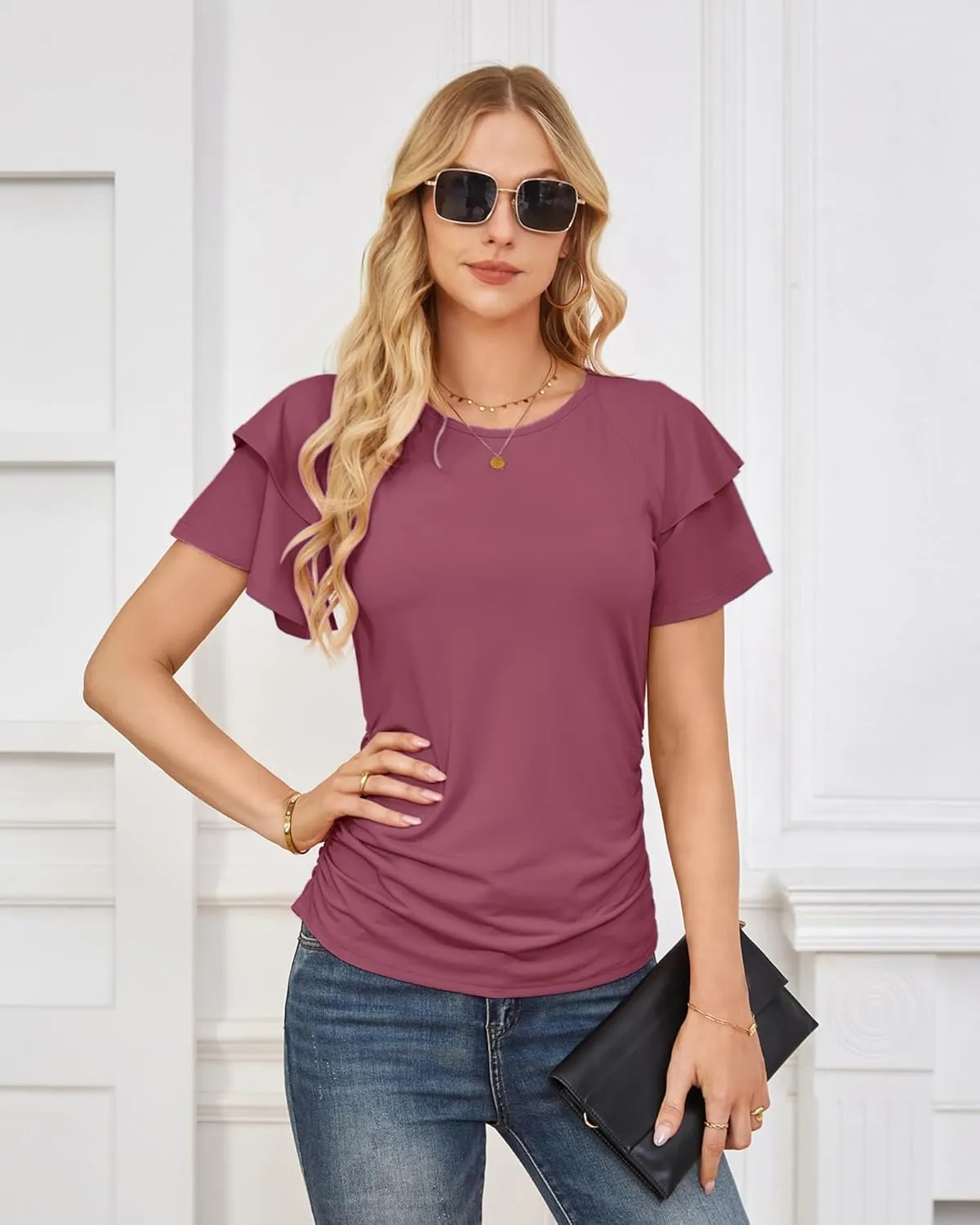 GRACE KARIN Women's Summer Tops Ruffle Sleeve Basic T Shirts Dressy Casual Ruched Work Blouses Trendy Clothes 2025