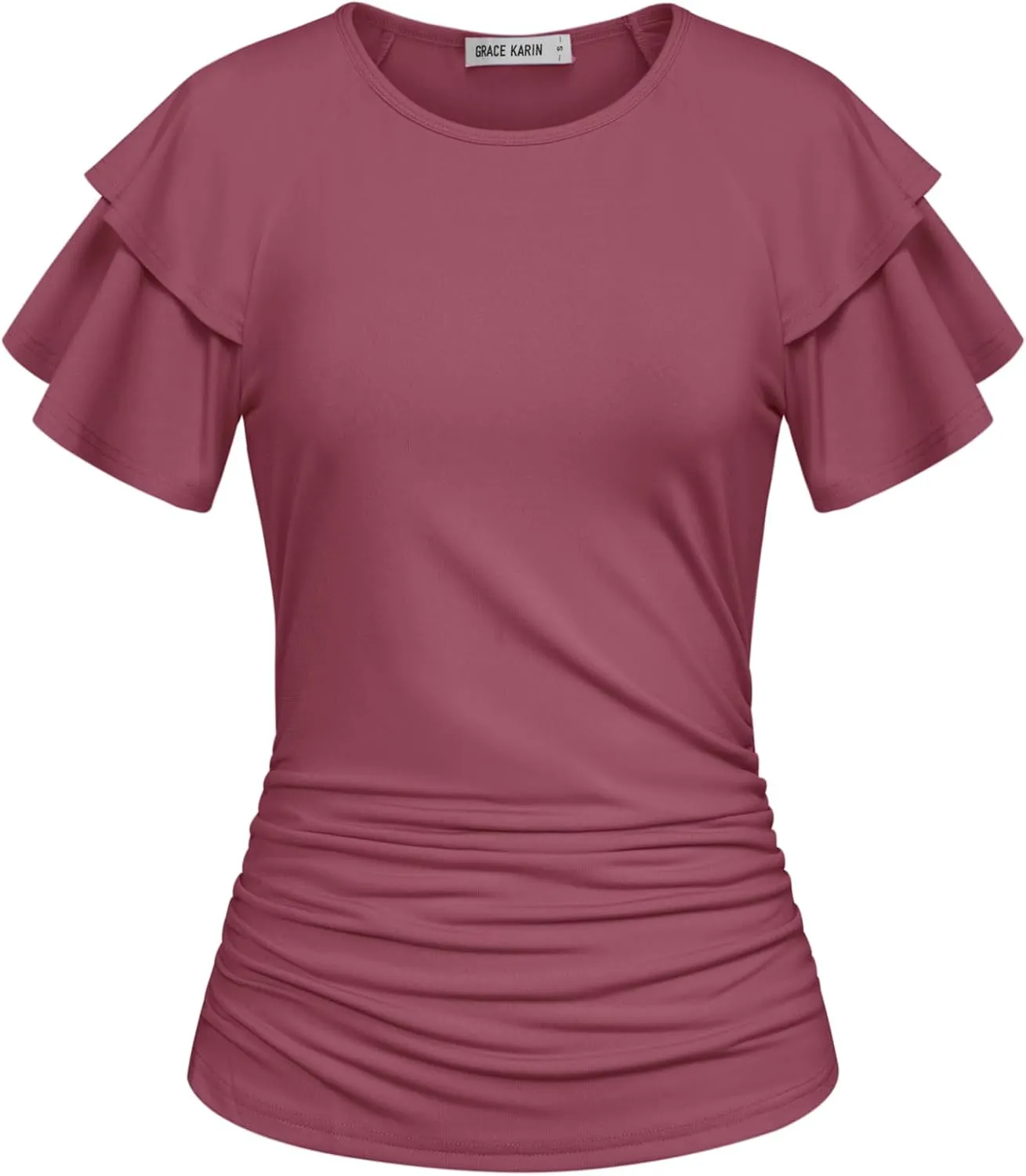GRACE KARIN Women's Summer Tops Ruffle Sleeve Basic T Shirts Dressy Casual Ruched Work Blouses Trendy Clothes 2025